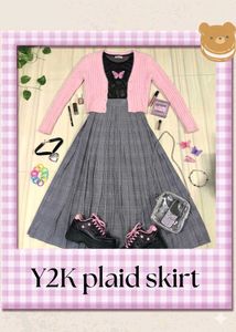 Y2K Plaid Pleated Maxi Skirt