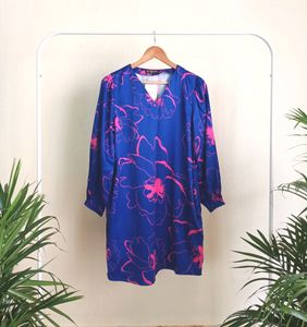 Fable Street Royal Blue Printed V Neck Satin Dress