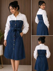Women's White & Blue Denim Shirt Dress | Belted |