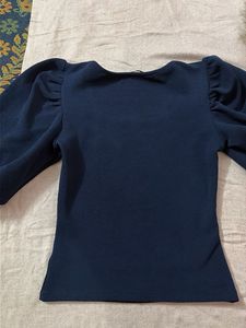 Navy Puff Sleeve Square Neck Top