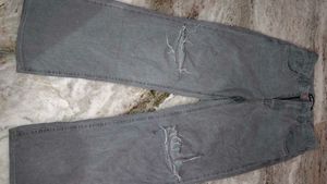 Grey Ripped Wide Leg Jeans
