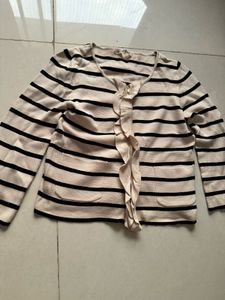 Striped Knit Cardigan with Ruffle Detail