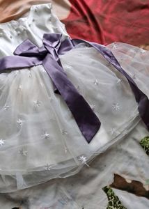 Elegant White Baby Dress with Purple Bow