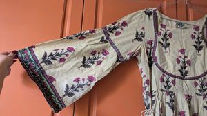 Beige Block Print Boho Kurta with flare