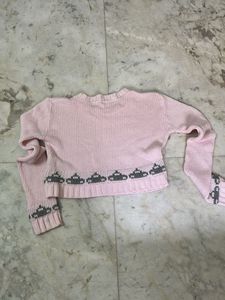 Pink Cropped Sweater with Cute Pattern