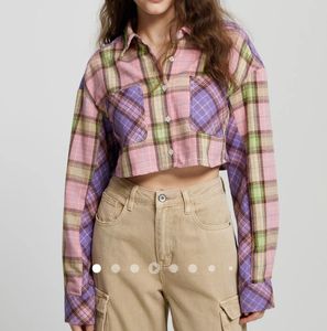 Colorblock Plaid Crop Shirt