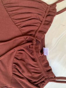 Cute Brown Ribbed Tie-Front Crop Top