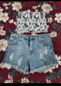 Floral Smocked Tube Top &amp; Denim Shorts Set