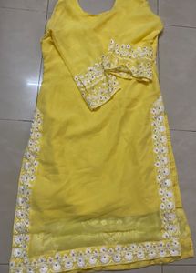 Pearls &amp; Embroided Yellow Kurta Set