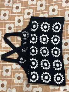 Crocheted Black &amp; White Floral Top