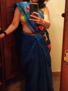 Royal Blue Net Saree With Red Yellow Embroidery