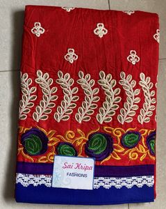 Elegant Red &amp; Blue Dress Material Set with Dupatta