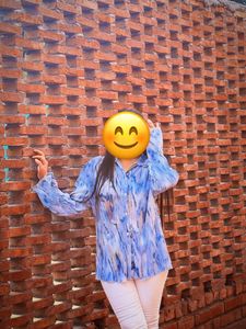 Stylish Pleated Blue Abstract Print Shirt