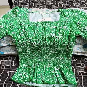 Green Floral Smocked Square Neck Top