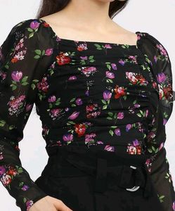 Chic Floral Print Square Neck Top