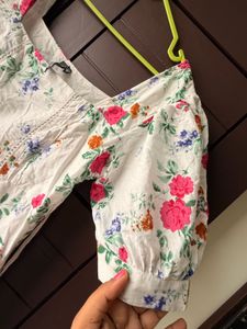 White Floral Puff Sleeve Midi Dress