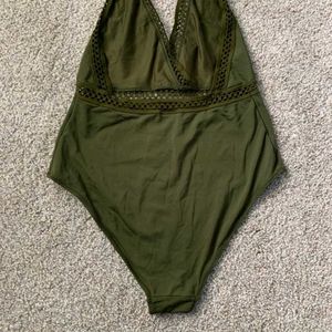 Olive Green One-Piece Swimsuit with Lace Trim
