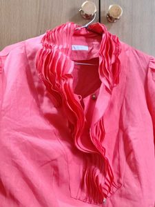 Elegant Pink Blouse with Ruffled Neckline