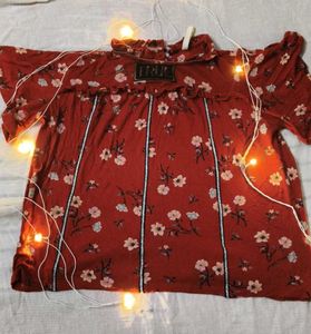 Red Floral Top with Ruffle Detail