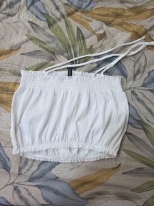 White Smocked Button-Up Crop Top
