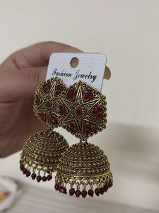 Red &amp; Gold Jhumka Earrings