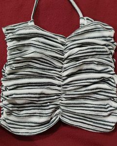 Striped Ruched Halter Neck Crop Top
