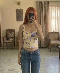 Cute Yellow Floral Button-Up Crop Top
