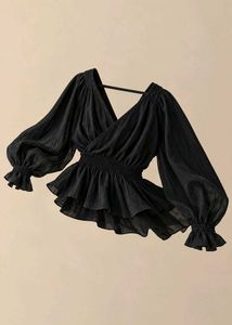 BLACK WRAP-STYLE BLOUSE WITH PUFF SLEEVES