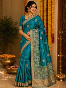 Elegant Teal Embroidered Silk Saree-only saree