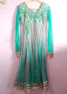 Grey &amp; Teal Green Anarkali Suit Set