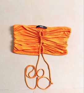 Orange Halter Neck Ruched Crop Top