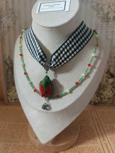Gingham Ribbon Clay Rose Bud Choker Necklace