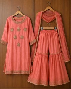 Elegant Peach Kurta Sharara Set