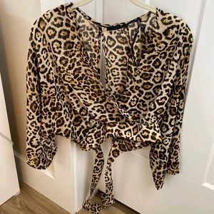 Leopard Print Wrap Crop Top