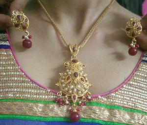 Golden Maroon Colour Necklace Earring Set