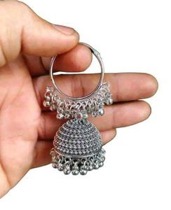 Oxidized Silver Hoop Jhumkis For Girls..