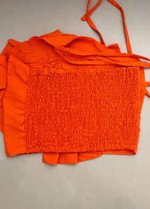 Vibrant Orange Ruffled Rose Crop Top