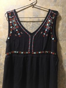 Black Soft Cotton Embroidered Sleeveless Gown