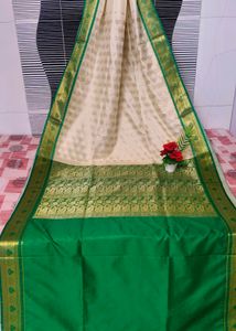 Elegant Cream &amp; Green Silk Sholder bute Saree