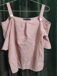 Pink Striped Cold Shoulder Top