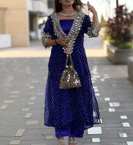 Blue Bandhani Kurta Set with Mirror Work