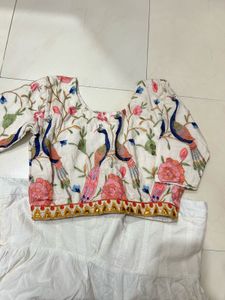 Embroidered Peacock Blouse &amp; White Skirt Set