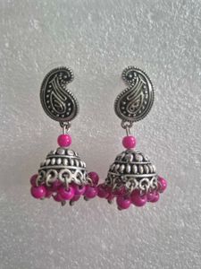 Boho Jhumka Earrings with Pink Beads
