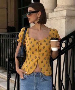 Corset style yellow Floral Button-Up Crop Top