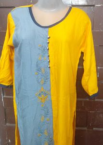 Yellow &amp; Grey Embroidered Kurta