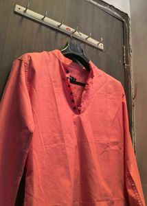 Coral Mandarin Collar Button-Up Shirt