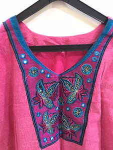 Embroidered Pink Long Sleeves Kurta For Women