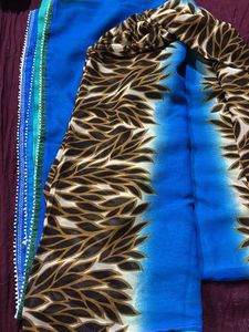 Vibrant Blue Saree with Leaf Print