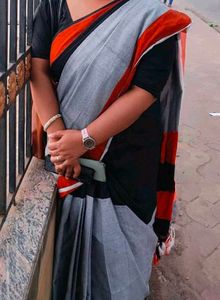 Stylish Black &amp; Orange Striped Saree