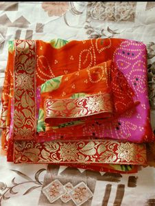 Navratri Special Bandhani Saree - Orange &amp; Pink